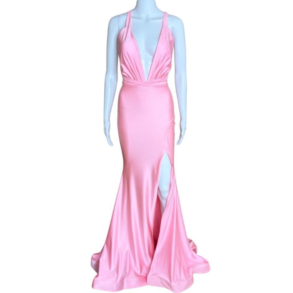 Jessica Angel 2348 Plunging Neckline High Leg Slit Gown Bubblegum Pink Size XS N